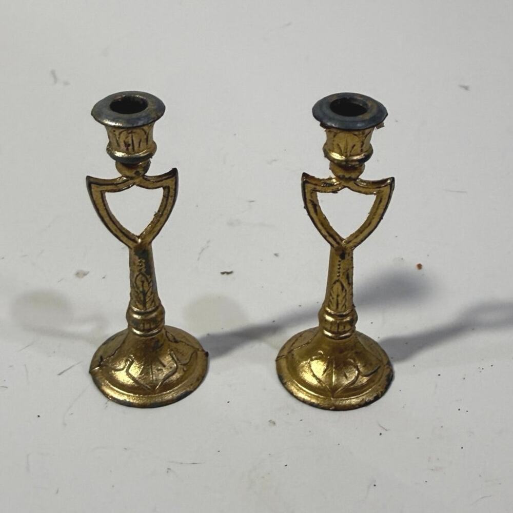 Miniature Dollhouse Brass Tone Ornate Candlesticks Set of 2